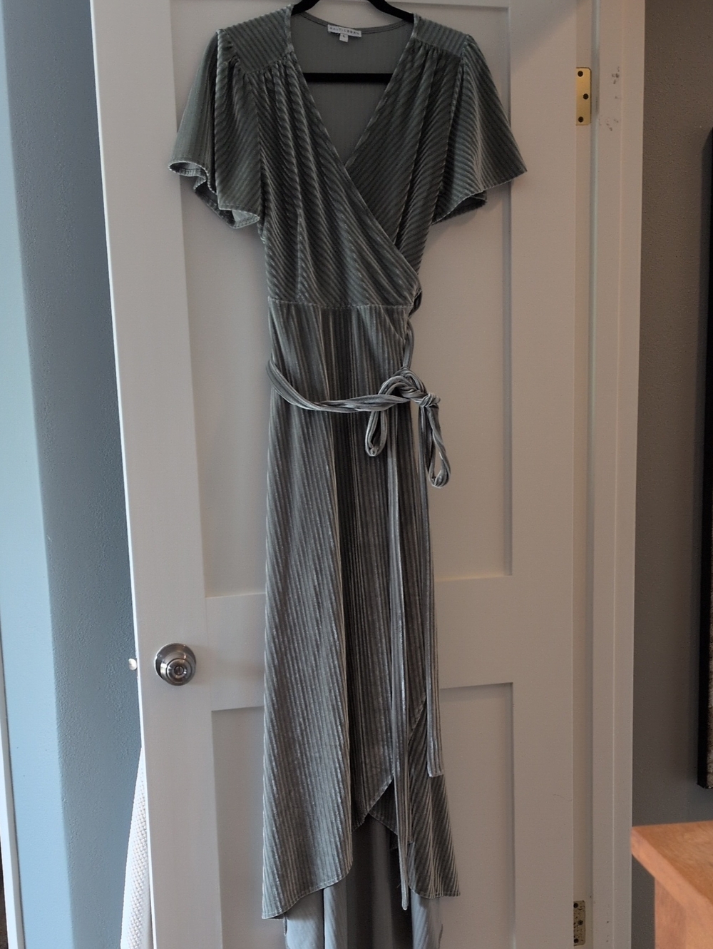 Sleeveless Sage Green High-Low Wrap Dress with Flutter Sleeves